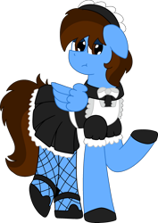 Size: 1817x2561 | Tagged: safe, artist:finnythewolfie, imported from derpibooru, oc, oc:pegasusgamer, pegasus, pony, clothes, crossdressing, dress, fishnets, full body, headband, maid, male, raised hoof, shoes, simple background, transparent background, wings