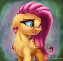 Size: 2900x2800 | Tagged: safe, artist:galinn-arts, imported from derpibooru, fluttershy, pegasus, pony, chest fluff, crying, cute, female, floppy ears, folded wings, head turn, looking away, mare, open mouth, sad, sadorable, solo, teary eyes, teeth, three quarter view, turned head, wings