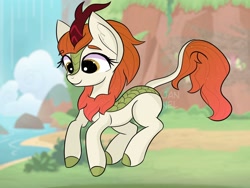 Size: 1600x1200 | Tagged: safe, artist:janelearts, imported from derpibooru, autumn blaze, kirin, sounds of silence, female, jumping, looking down, solo, waterfall