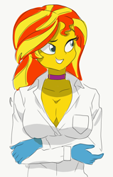 Size: 828x1305 | Tagged: safe, artist:drunken bubblez, derpibooru exclusive, imported from derpibooru, sunset shimmer, equestria girls, breasts, choker, cleavage, clothes, female, gloves, lab coat, medium breasts, reasonably sized breasts, simple background, solo