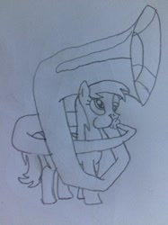 Size: 1024x1366 | Tagged: safe, artist:puffedcheekedblower, imported from derpibooru, derpy hooves, pony, female, musical instrument, pencil drawing, puffy cheeks, solo, sousaphone, traditional art, tuba