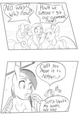 Size: 1980x3060 | Tagged: safe, artist:jojohernandez, imported from derpibooru, apple bloom, rainbow dash, scootaloo, sweetie belle, earth pony, pegasus, pony, unicorn, comic:rain check, black and white, blank flank, comic, grayscale, monochrome