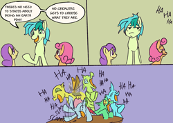 Size: 3099x2200 | Tagged: safe, artist:skunkstripe, imported from derpibooru, ocellus, sandbar, changedling, changeling, earth pony, pony, comic, dialogue, dumb yung-six comics, female, filly, laughing, male, misspelled, misspelling, racism, sandbar is not amused, unamused