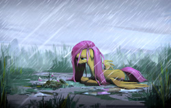 Size: 1600x1013 | Tagged: safe, artist:ruffu, imported from derpibooru, fluttershy, pegasus, pony, cloud, crying, female, floppy ears, flower, grass, lying, mare, prone, puddle, rain, sad, sky, solo, tall grass, wet, wet mane