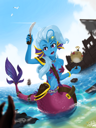 Size: 1536x2048 | Tagged: safe, artist:qzygugu, imported from derpibooru, trixie, angler fish, anthro, fish, mermaid, puffer fish, beach, bomb, ear fins, female, gills, knife, mermaidized, solo, species swap, starfish bra, weapon