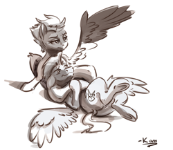 Size: 2011x1746 | Tagged: safe, artist:kam, imported from derpibooru, spitfire, thunderlane, pegasus, pony, choking, commission, female, floppy ears, male, mare, monochrome, simple background, sports, spread wings, stallion, wings, wonderbolts, wrestling