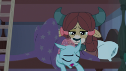 Size: 1920x1080 | Tagged: safe, imported from derpibooru, screencap, ocellus, yona, changedling, changeling, yak, 2 4 6 greaaat, bed, bed bug, blanket, bow, bunk bed, cloven hooves, cute, diaocelles, dormitory, duo, female, hair bow, ladder, monkey swings, pillow, sleeping, yonadorable