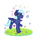 Size: 115x126 | Tagged: artist needed, safe, artist:hikkage, imported from derpibooru, oc, oc only, oc:moonlight drop, pegasus, pony, flower, grass, happy, headphones, male, music notes, pegasus oc, pixel art, simple background, solo, stallion, transparent background