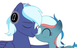 Size: 1713x1080 | Tagged: safe, imported from derpibooru, oc, oc:moonlight drop, pegasus, pony, blushing, boop, bust, cuddling, cute, duo, eyes closed, female, headphones, male, mare, oc x oc, scrunchy face, shipping, simple background, stallion, straight, transparent background