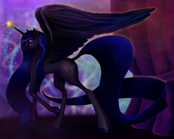 Size: 5000x4000 | Tagged: safe, artist:teridax63, imported from derpibooru, oc, oc only, oc:probabilite, alicorn, pony, alicorn oc, curtain, curtains, cutie mark, equation, eyeshadow, female, glowing horn, horn, impossibly long tail, large wings, lidded eyes, long legs, long mane, long tail, looking at you, makeup, mare, math, profile, raised hoof, smiling, solo, spread wings, stray strand, wings