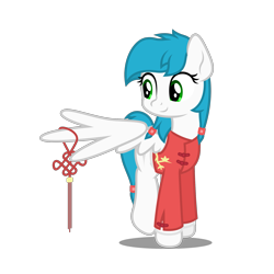 Size: 1969x1969 | Tagged: safe, artist:zylgchs, imported from derpibooru, oc, oc only, oc:cynosura, pony, alternate hairstyle, chinese new year, clothes, simple background, solo, transparent background, vector, wing hold, wings