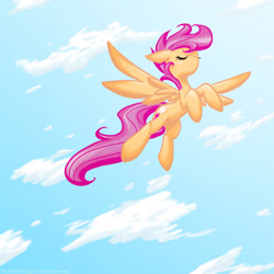 Size: 900x900 | Tagged: safe, artist:hoshinousagi, imported from derpibooru, scootaloo, pegasus, pony, alternate cutie mark, cloud, eyes closed, female, filly, flying, scootaloo can fly, sidemouth, smiling, solo, spread wings, wings