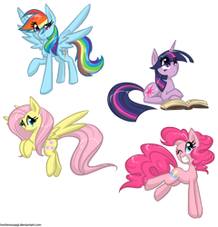 Size: 1150x1200 | Tagged: safe, artist:hoshinousagi, imported from derpibooru, fluttershy, pinkie pie, rainbow dash, twilight sparkle, earth pony, pegasus, pony, unicorn, book, cute, cutie mark, eye clipping through hair, female, flying, grin, looking at you, mare, prone, raised hoof, simple background, smiling, transparent background, unicorn twilight