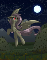 Size: 1100x1400 | Tagged: safe, artist:hoshinousagi, imported from derpibooru, fluttershy, bat pony, pony, bat ponified, cutie mark, female, floppy ears, flutterbat, flying, full moon, looking away, looking up, mare, moon, night, outdoors, race swap, red eyes, smiling, solo, spread wings, starry night, stars, sweet apple acres, wings