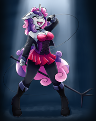 Size: 1294x1631 | Tagged: safe, artist:ambris, imported from derpibooru, sweetie belle, anthro, unicorn, adorasexy, bell, bell collar, blushing, boots, breasts, busty sweetie belle, choker, cleavage, clothes, collar, corset, cute, diasweetes, dress, ear piercing, earring, eyes closed, female, floppy ears, high heel boots, jacket, jewelry, leggings, mare, microphone, microphone stand, miniskirt, older, older sweetie belle, open jacket, open mouth, pantyhose, piercing, rocker, sexy, shoes, singer, singing, skirt, solo, sparkles, spotlight