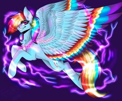 Size: 1250x1042 | Tagged: safe, artist:spiritwolfea, imported from derpibooru, rainbow dash, pegasus, pony, colored wings, cutie mark, electricity, eyebrows, eyebrows visible through hair, flying, grin, hair over one eye, large wings, lidded eyes, looking at you, male, rainbow blitz, rule 63, smiling, solo, spread wings, stallion, wings