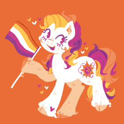 Size: 1500x1500 | Tagged: safe, artist:trinoids, imported from derpibooru, sunny daze (g3), earth pony, pony, cloven hooves, cutie mark, female, heart, hoof hold, lesbian pride flag, limited palette, mare, open mouth, orange background, pride, pride flag, raised hoof, simple background, smiling, solo, unshorn fetlocks