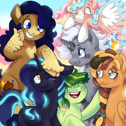 Size: 1500x1500 | Tagged: safe, artist:trinoids, imported from derpibooru, oc, oc only, alicorn, earth pony, pegasus, pony, unicorn, alicorn oc, blaze (coat marking), cloven hooves, coat markings, commission, cutie mark, ethereal mane, eyes closed, facial markings, female, freckles, friendship, glowing mane, grin, horn, mare, open mouth, smiling, socks (coat marking), socks (coat markings), starry mane