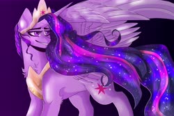 Size: 15000x10000 | Tagged: safe, artist:spiritwolfea, imported from derpibooru, twilight sparkle, alicorn, pony, the last problem, absurd resolution, chest fluff, cutie mark, ethereal mane, female, gradient background, jewelry, large wings, leg fluff, looking back, mare, princess twilight 2.0, regalia, smiling, solo, spread wings, starry mane, twilight sparkle (alicorn), wings