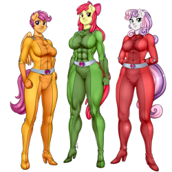 Size: 1005x1000 | Tagged: safe, artist:pia-sama, imported from derpibooru, apple bloom, scootaloo, sweetie belle, anthro, earth pony, pegasus, unicorn, abs, apple brawn, arm behind back, bodysuit, boots, breasts, busty apple bloom, busty scootaloo, busty sweetie belle, catsuit, clothes, commission, cosplay, costume, cutie mark crusaders, muscles, older, older apple bloom, older cmc, older scootaloo, older sweetie belle, shoes, simple background, skinsuit, totally spies, transparent background