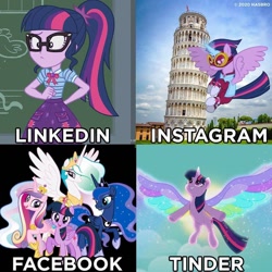 Size: 960x960 | Tagged: safe, edit, edited screencap, imported from derpibooru, screencap, masked matter-horn, princess cadance, princess celestia, princess luna, sci-twi, twilight sparkle, alicorn, equestria girls, equestria girls series, power ponies (episode), rainbow roadtrip, chalkboard, dolly parton challenge, facebook, geode of telekinesis, instagram, italy, leaning tower of pisa, linkedin, magical geodes, meme, official, pisa, power ponies, tinder, twilight sparkle (alicorn), wing bling