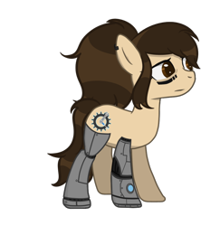 Size: 882x906 | Tagged: safe, artist:inkwelt, imported from derpibooru, oc, oc only, oc:tinkora, cyborg, earth pony, pony, amputee, brown eyes, cutie mark, earth pony oc, female, mare, ponytail, prosthetic limb, prosthetics, simple background, solo, transparent background