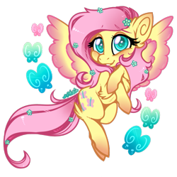Size: 601x598 | Tagged: safe, artist:esmeia, imported from derpibooru, fluttershy, butterfly, pegasus, pony, chest fluff, cute, ear fluff, female, flower, flower in hair, leg fluff, looking at you, mare, shyabetes, simple background, smiling, solo, spread wings, transparent background, two toned wings, wings