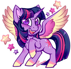 Size: 564x547 | Tagged: safe, artist:esmeia, imported from derpibooru, twilight sparkle, alicorn, pony, cheek fluff, chest fluff, colored hooves, colored wings, cute, ear fluff, eye clipping through hair, eyebrows, eyebrows visible through hair, female, leg fluff, looking at you, mare, multicolored wings, simple background, solo, spread wings, stars, transparent background, twiabetes, twilight sparkle (alicorn), wings
