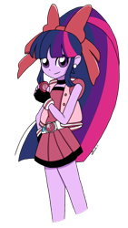 Size: 1280x2276 | Tagged: safe, artist:iamsheila, imported from derpibooru, twilight sparkle, equestria girls, alternate hairstyle, anime style, belt, blossom (powerpuff girls), clothes, cosplay, costume, crossover, cute, ear piercing, earring, hyper blossom, jewelry, miniskirt, piercing, pleated skirt, ponytail, powerpuff girls z, ribbon, simple background, skirt, the powerpuff girls, transparent background, yo-yo