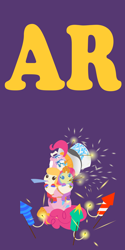 Size: 2000x4000 | Tagged: safe, anonymous artist, imported from derpibooru, part of a set, pinkie pie, pound cake, pumpkin cake, pony, series:fm holidays, baby, baby pony, cake twins, clothes, drool, fireworks, fuse, glasses, happy new year, hat, holding a pony, holiday, hood, lineless, looking at something, looking up, mouth hold, new year, no pupils, novelty glasses, part of a series, party horn, purple background, rocket, siblings, simple background, smiling, sparkler (firework), sweater, top hat, twins