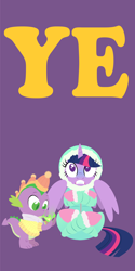 Size: 2000x4000 | Tagged: safe, anonymous artist, imported from derpibooru, part of a set, spike, twilight sparkle, alicorn, pony, series:fm holidays, boots, clothes, cold, crossed legs, duo, fire, fire breath, freezing, happy new year, hat, holiday, hood, lineless, looking at something, looking up, new year, no pupils, part of a series, purple background, scarf, shoes, simple background, sweater, twilight sparkle (alicorn)