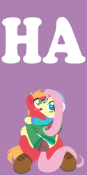 Size: 2000x4000 | Tagged: safe, anonymous artist, imported from derpibooru, part of a set, big macintosh, fluttershy, pony, series:fm holidays, boots, clothes, earmuffs, female, fluttermac, gloves, happy new year, holding a pony, holiday, hoof gloves, lineless, looking at something, looking up, male, new year, no pupils, part of a series, purple background, shared clothing, shared sweater, shipping, shoes, simple background, straight, sweater