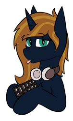 Size: 1192x1960 | Tagged: safe, artist:bitrate16, artist:pegasko, imported from derpibooru, oc, oc only, pony, unicorn, :p, bat pony eyes, bust, headphones, holding, keyboard, looking at you, portrait, simple background, solo, tongue out, transparent background, vector