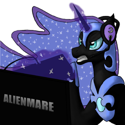 Size: 1840x1840 | Tagged: safe, artist:illusiveelusive, imported from derpibooru, nightmare moon, princess luna, alicorn, pony, gamer luna, computer monitor, female, headset, keyboard, magic, monitor, pun, simple background, solo, telekinesis, transparent background