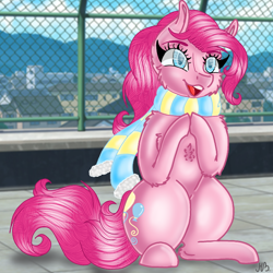 Size: 768x768 | Tagged: safe, artist:meadowbelle2, imported from derpibooru, pinkie pie, earth pony, pony, building, clothes, cute, female, fence, house, mare, scarf, sitting, tiled floor