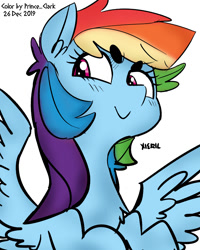 Size: 798x1000 | Tagged: safe, artist:princeclark, artist:xieril, color edit, edit, imported from derpibooru, rainbow dash, pegasus, pony, beanbrows, bust, chest fluff, colored, eyebrows, female, mare, simple background, smiling, smirk, solo, spread wings, white background, wings