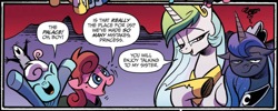 Size: 2440x973 | Tagged: safe, artist:andypriceart, idw, imported from derpibooru, princess celestia, princess luna, scarlet petal, tiberius, winter comet, opossum, pony, spoiler:comic, spoiler:comic65, brother and sister, clothes, colt, cropped, faic, female, filly, foal, getting real tired of your shit, hoof shoes, irritated, looking at you, luna is not amused, male, mare, royal sisters, siblings, speech bubble, unamused