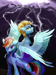 Size: 2023x2706 | Tagged: safe, artist:teaflower300, imported from derpibooru, lightning dust, rainbow dash, pegasus, pony, backwards cutie mark, badass, duo, epic, female, high res, lightning, mare, spread wings, storm, wings