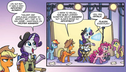 Size: 2302x1330 | Tagged: safe, artist:tonyfleecs, idw, imported from derpibooru, applejack, fluttershy, pinkie pie, rainbow dash, rarity, earth pony, pegasus, pony, unicorn, spoiler:comic, spoiler:comic66, annoyed, beret, chair, clothes, comic, cropped, director's chair, female, hat, jacket, magic, magic aura, mare, megaphone, speech bubble, telekinesis