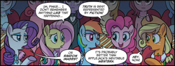 Size: 2406x910 | Tagged: safe, artist:tonyfleecs, idw, imported from derpibooru, applejack, fluttershy, pinkie pie, rainbow dash, rarity, pony, unicorn, spoiler:comic, spoiler:comic66, clothes, cropped, female, mare, speech bubble