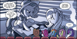 Size: 2406x1239 | Tagged: safe, artist:tonyfleecs, idw, imported from derpibooru, applejack, fluttershy, pinkie pie, rainbow dash, rarity, pony, unicorn, spoiler:comic, spoiler:comic66, cropped, feather, female, hat, mare, movie, noir, speech bubble, whispering