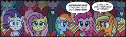 Size: 2410x726 | Tagged: safe, artist:tonyfleecs, idw, imported from derpibooru, applejack, fluttershy, pinkie pie, rainbow dash, rarity, pony, unicorn, spoiler:comic, spoiler:comic66, clothes, cropped, female, mare, speech bubble