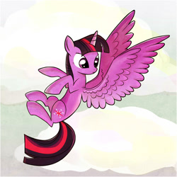 Size: 1134x1134 | Tagged: safe, artist:capreola, imported from derpibooru, twilight sparkle, alicorn, pony, cloud, female, flying, mare, sky, solo, spread wings, twilight sparkle (alicorn), wings