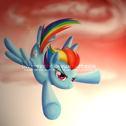 Size: 1400x1400 | Tagged: safe, artist:myhysteria, imported from derpibooru, rainbow dash, pegasus, pony, cloud, female, flying, mare, obtrusive watermark, sky, solo, spread wings, watermark, wings