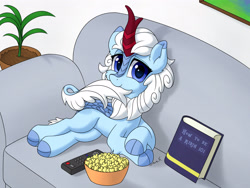 Size: 3200x2400 | Tagged: safe, artist:mercurysparkle, imported from derpibooru, oc, oc only, oc:eula phi, kirin, book, couch, female, food, kirin-ified, mare, nom, popcorn, remote, solo, species swap