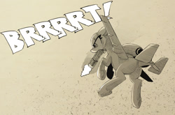 Size: 2000x1318 | Tagged: safe, artist:satv12, imported from derpibooru, oc, oc only, oc:blitz, original species, plane pony, pony, a-10 thunderbolt ii, brrrrt, butt, cannon, female, firing, flying, gau-8, mare, monochrome, plane, plot, solo, weapon