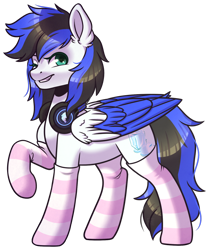 Size: 1024x1226 | Tagged: safe, artist:ak4neh, imported from derpibooru, oc, oc only, oc:black ice, pegasus, pony, derpibooru community collaboration, 2021 community collab, clothes, female, headphones, mare, simple background, socks, solo, striped socks, transparent background