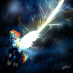 Size: 2000x2000 | Tagged: safe, artist:wolfchen999, imported from derpibooru, rainbow dash, zapp, pegasus, pony, badass, epic, female, flying, lightning, mare, power ponies, rain, solo, spread wings, storm, wings