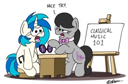 Size: 1024x670 | Tagged: safe, artist:bobthedalek, imported from derpibooru, dj pon-3, octavia melody, vinyl scratch, earth pony, pony, unicorn, blindfold, desk, drool, easel, female, nice try, octavia is not amused, sleep mask, sleeping, teaching, unamused