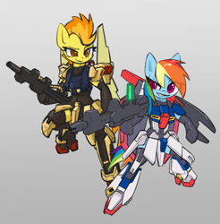 Size: 1280x1299 | Tagged: safe, artist:satv12, imported from derpibooru, rainbow dash, spitfire, semi-anthro, armor, beam rifle, duo, female, gray background, gundam, hyaku shiki, mobile suit gundam, simple background, smiling, smirk, weapon, zeta gundam